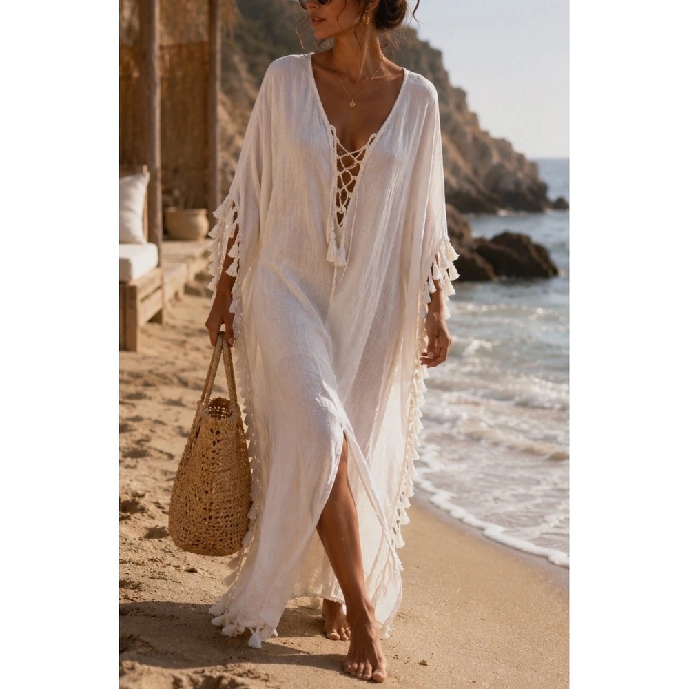 Walter Baker‎ Womens Acapulco Kaftan Cover Up One Size White Tassel Beach Gauzy